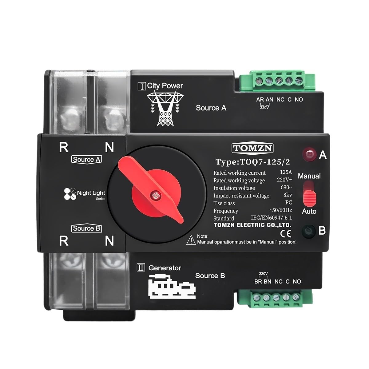 GUOCHENJIE Circuit Breaker 2P ATS 220/230V 63-125A, DIN Rail, Automatic Transfer, Leakage & DC Protection Circuit Breakers(100A)