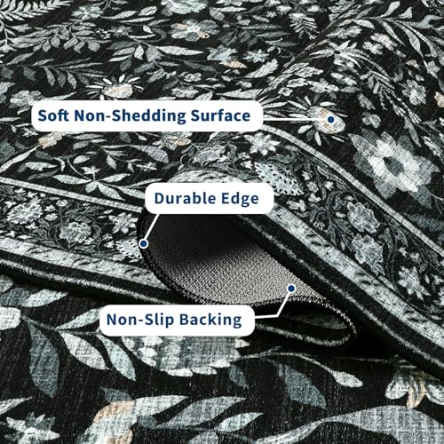GarveeHome Botanical Area Rugs 10x13 Living Room Rug Extra Large Washable Rugs for Bedroom Soft Low Pile Farmhouse Floor Decor Non-Slip Stain Resistant Vintage Carpet for Dining Room Office, Black