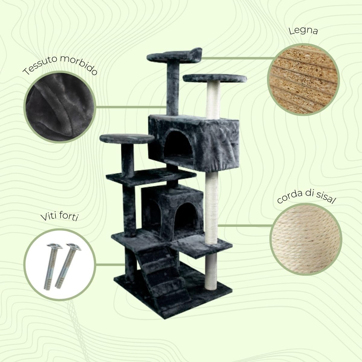 Mobiclinic® pets, Tiragraffi per gatti, Modello tico, Grande, Arrampicarsi, 5 altezze, Con piani e rifugi, Anti-stress, Affilare le unghie, Max.10 kg, Corda di sisal, 50x50x132cm, Grigio