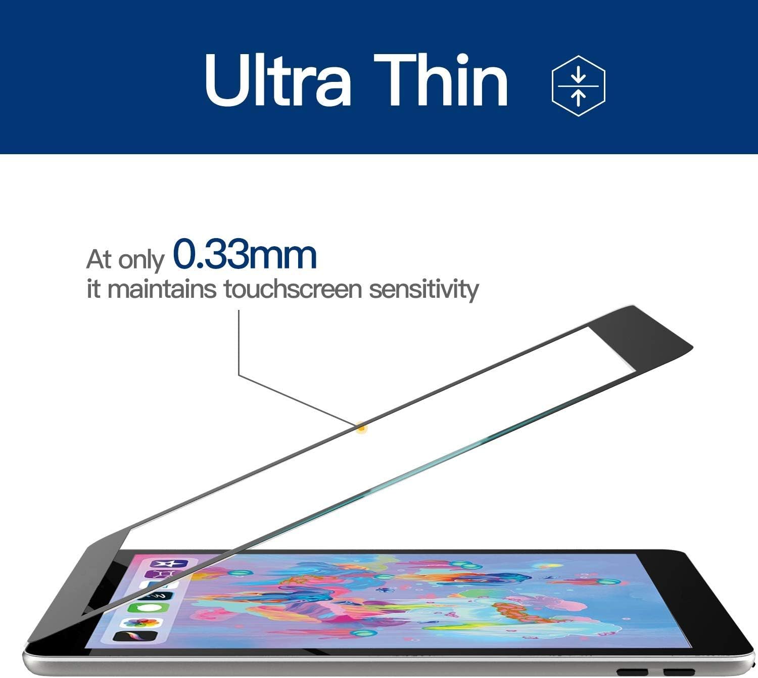 Image illustrating the ultra-thin profile of the screen protector and its application onto a tablet, highlighting its 0.33mm thickness and maintained touchscreen sensitivity.