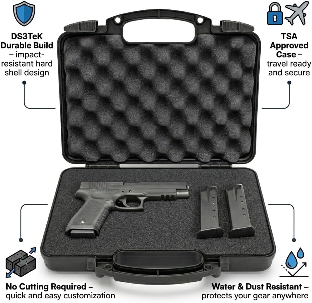 Cedar Mill Fine Firearms TSA Approved Hard Gun Case – Airline Approved Lockable Pistol Carrying Case with Dual Latch & Customizable Foam – Fits 9mm Handgun, Revolver & Firearm for Travel & Range Use