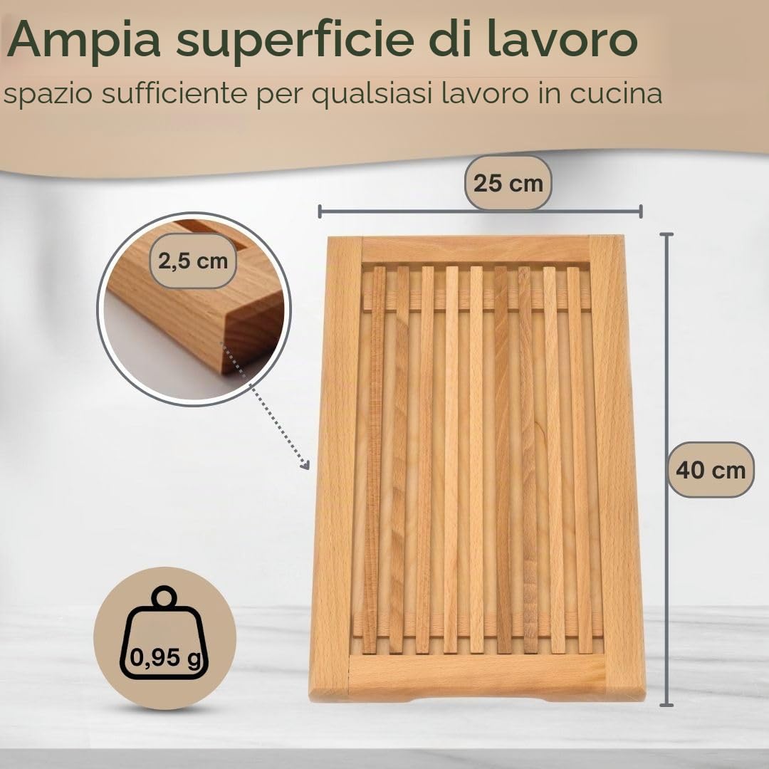 Tagliere per pane realizzato nell'UE con griglia per briciole e manici incassati in legno di faggio oliato - 40 x 25 cm, tagliere per pane, baguette e panini, tagliere da portata - Oliato e