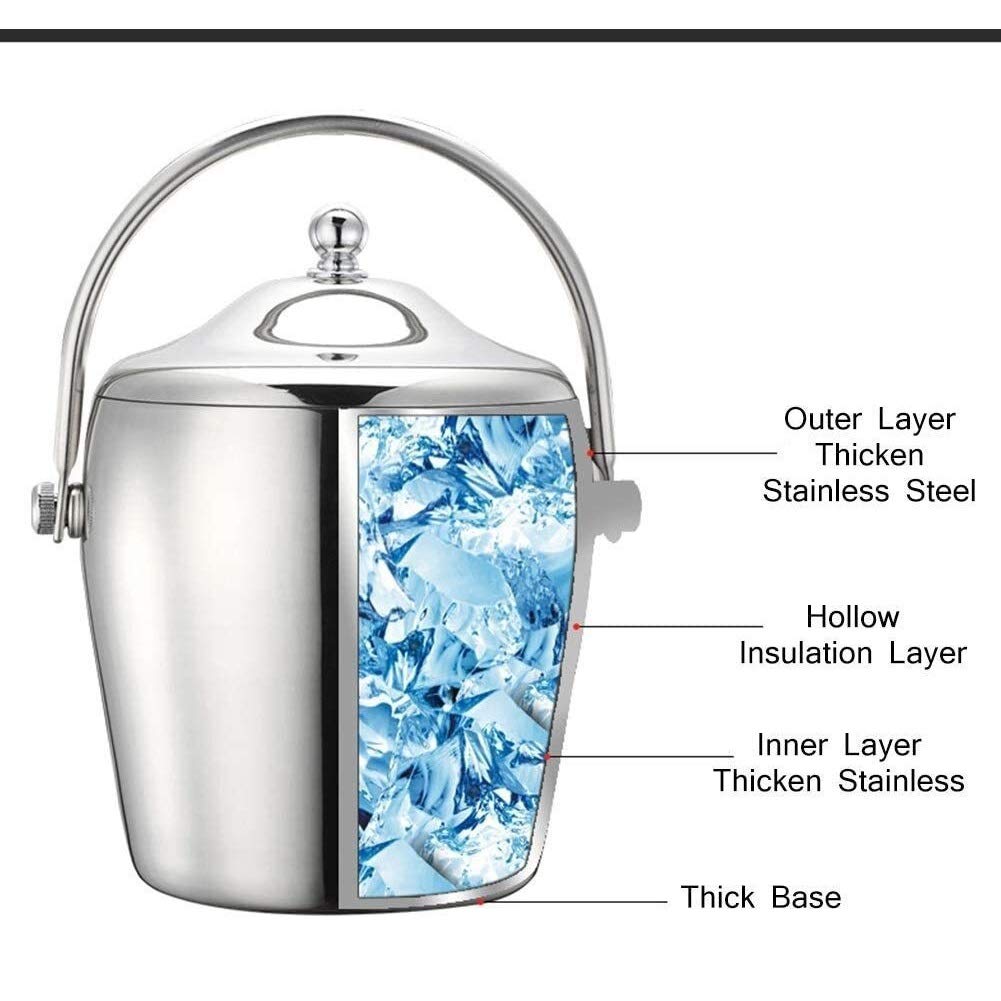 Cubo de hielo de acero inoxidable con aislamiento de doble pared, cubo de hielo portátil para champán y vino, cubo de hielo de doble pared con pinzas para hielo, enfriador de vino plateado, tina