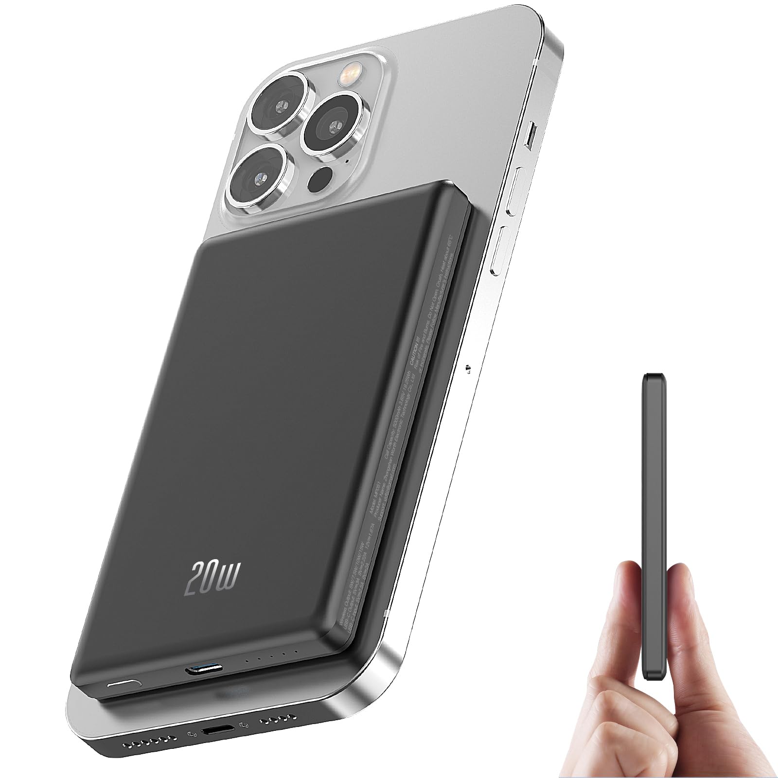 Ultra Slim Power Bank per MagSafe, Wireless PowerBank Magnetico 5000mAh, 20W Ricarica Rapida Caricatore Portatile per iPhone 16/15/14/13/12/Pro/Plus/Max Series, Batteria Portatile 5000 mAh