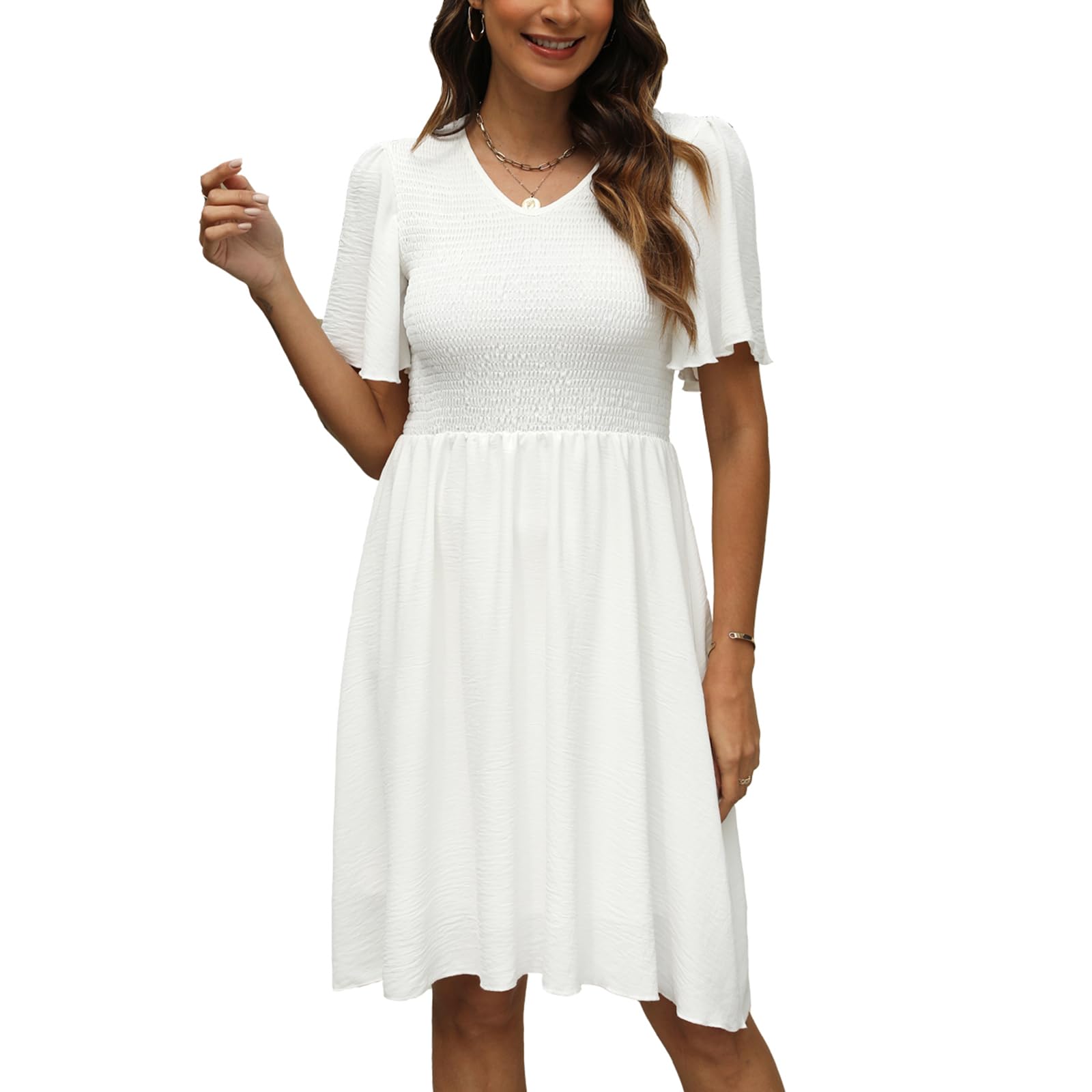 TmHaExO Women's Casual Dress Summer 2025 Mini V Neck Dress Short Sleeve Elastic Flowy Swing Dress