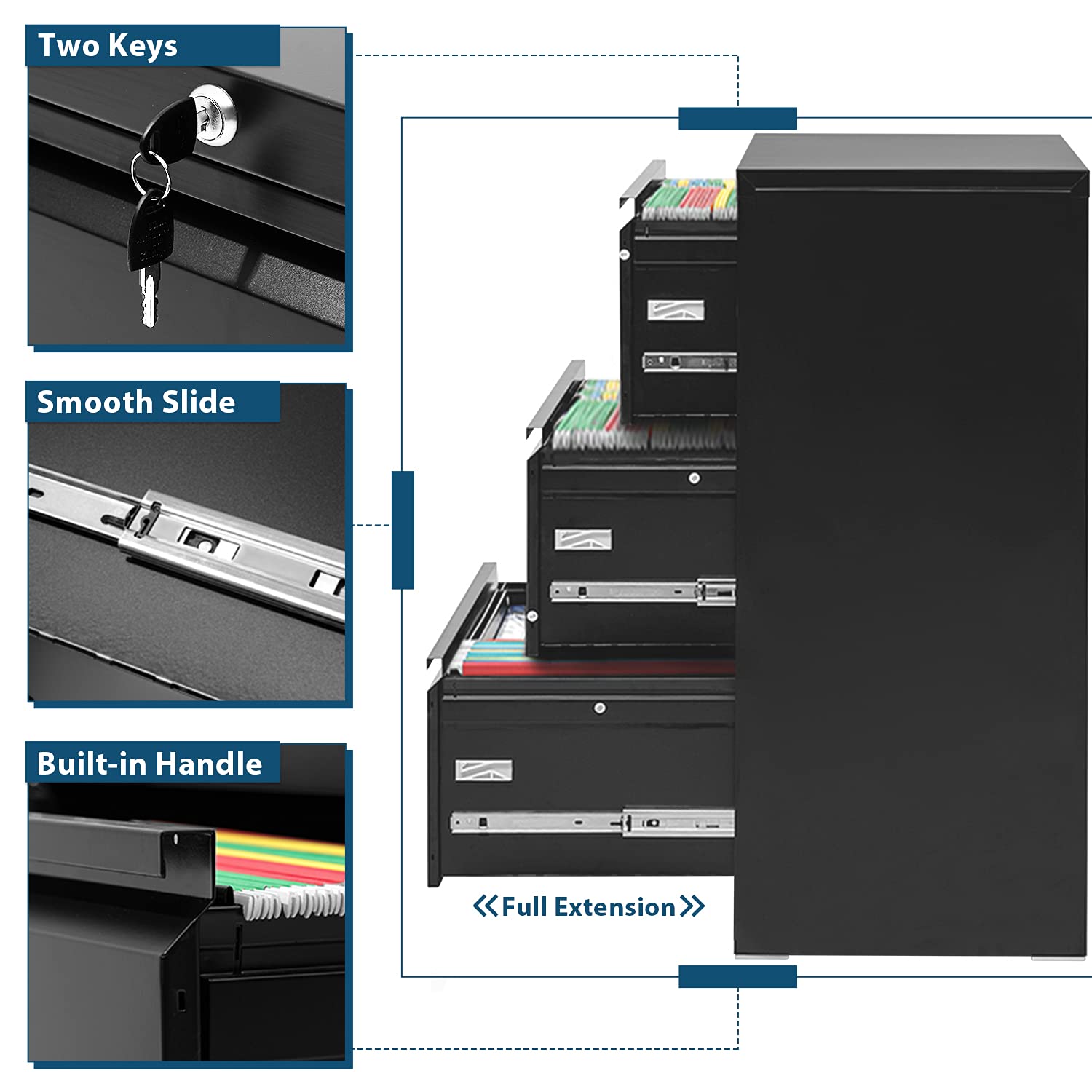 Buy 3 Drawer Lateral File with Lock, Black Lateral Filing