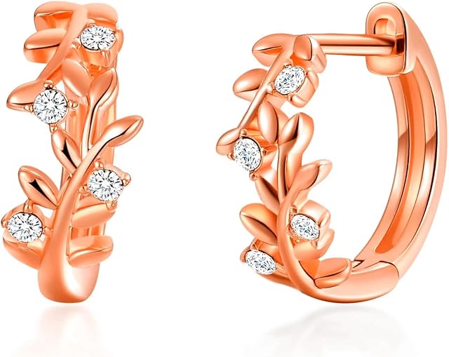 Rose Gold Plated Leaf Hoop Earrings Created with Zircondia® Crystals