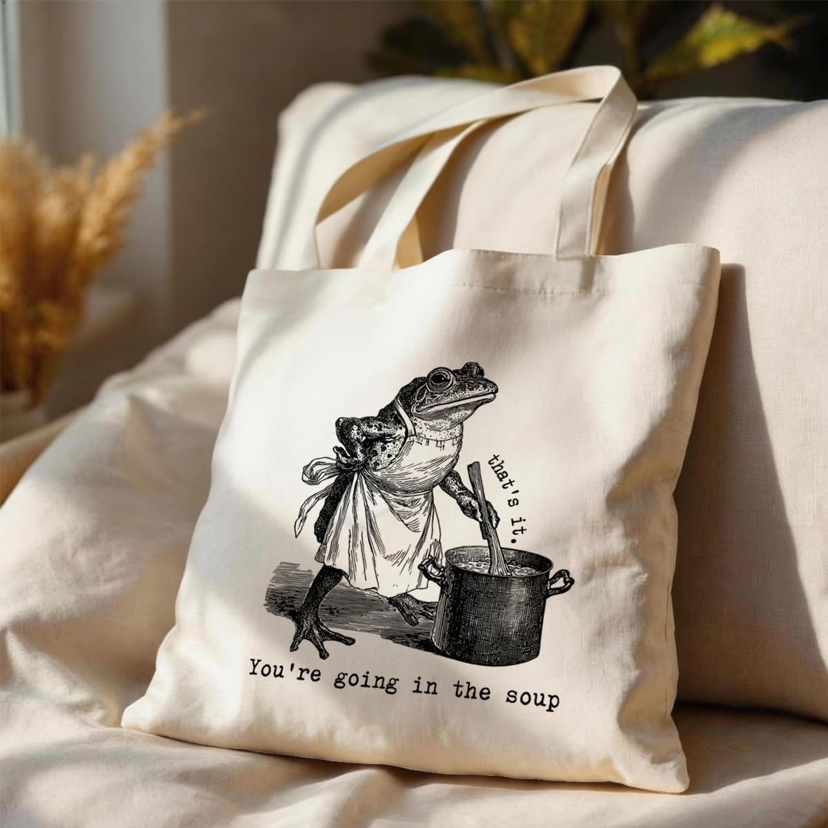 Funny Frog Canvas Tote Bag, You’re Going In The Soup, Reusable Humorous Shoulder Bag, Vintage Sarcastic Carryall for Daily Shopping Library Travel Commute Beach