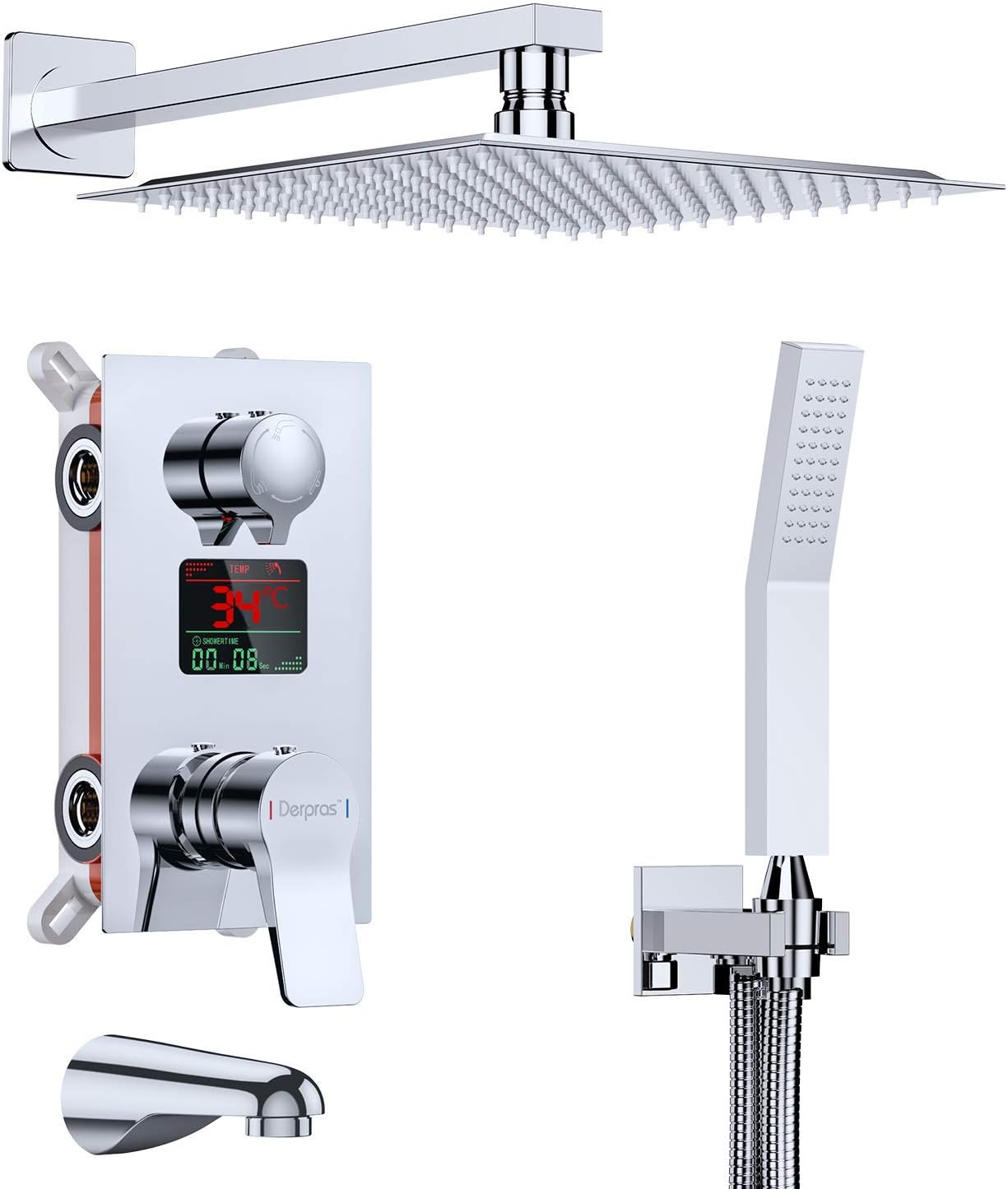 DPS008 thermostatic bar mixer shower tap with LED digital display, 3-way luxury bathroom rain fall shower head, chrome