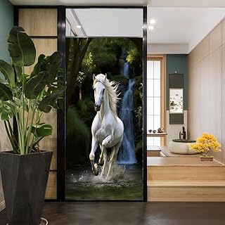 Green Forest Horse Stained Glass Window Film Running White Animals Modern Privacy Window Film Glass Door Covering Non-Adhesive Window Stickers for Bathroom Kitchen 31.5Wx55.1L