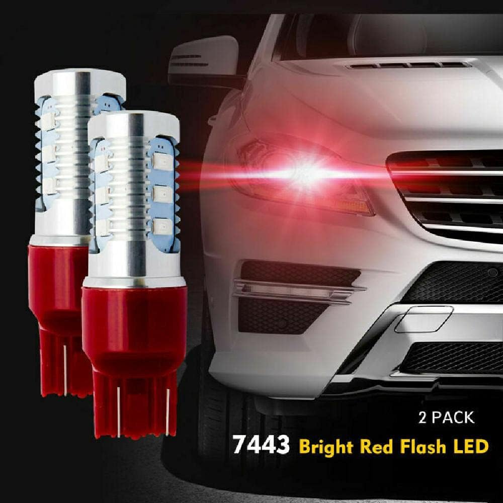 2x 7443 Bright Red Flash Strobe, Rear Safe Alert, Brake Tail Stop LED Lights Bulbs