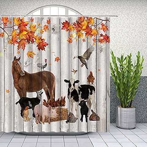 Yadshoti Farm Animal Shower Curtain Fall Maple Leaf Animals Cattle Horse Poultry Farmhouse Vintage Wooden Planks Background Bathroom Decor Polyester Fabric Curtains Set 70 x 70 Inch with Hooks Cover