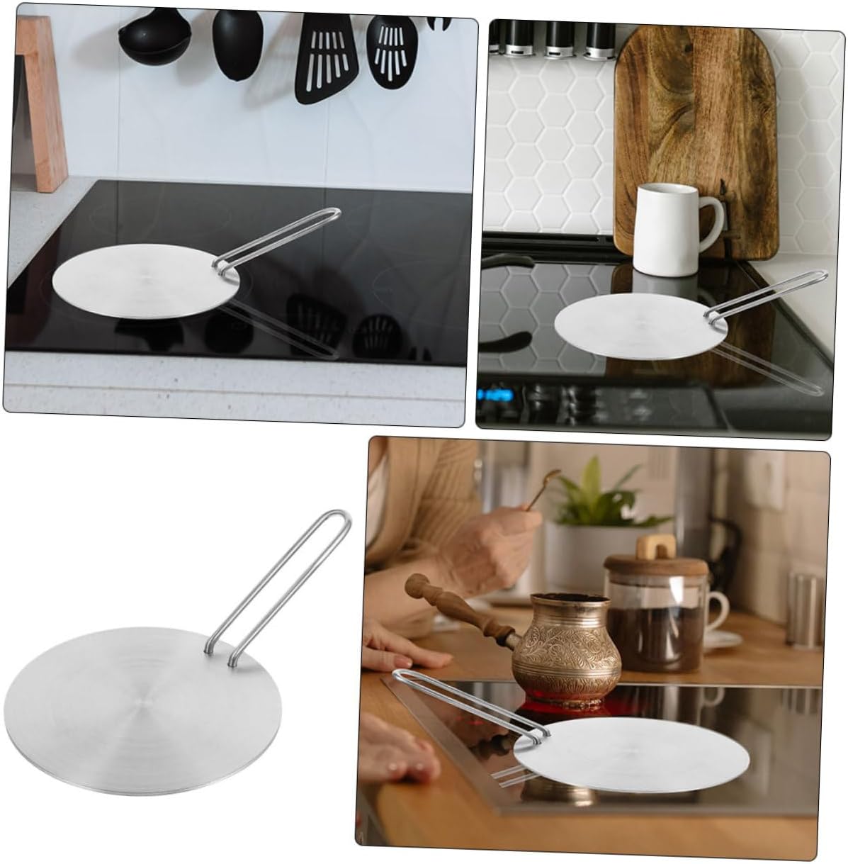 NUOBESTY Stainless Steel Heat Diffuser Plate for Induction Cooktop Kitchen Adapter Plate Efficient Thermal Guide for Electric and Gas Stove with Detachable Handle