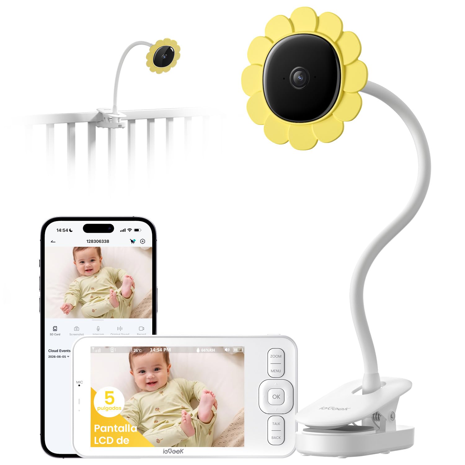 ieGeek Cámara Vigilancia Bebes con Soporte 5" 1080P, Baby Monitor con Detección Movimiento y Llanto, Audio Bidireccional, Visión Nocturna, Temperatura, Regalo Recién Nacidos