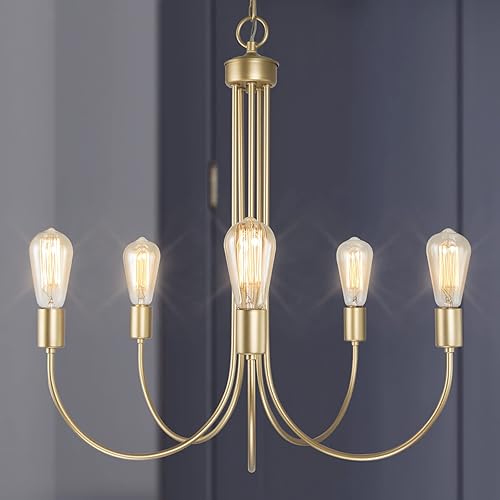 Durent Lighting Candelabro grande dorado, lámpara moderna para comedor y sala de estar, dormitorio y cocina, 5 luces