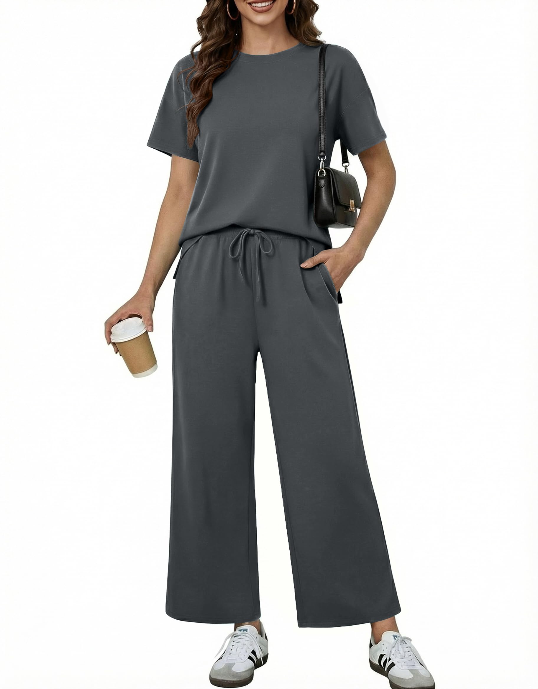 PINSPARK Soft 2 Piece Sets for Women Short Sleeve Matching Lounge Set Wide Leg Pants Tracksuit Travel Summer Outfits 2026