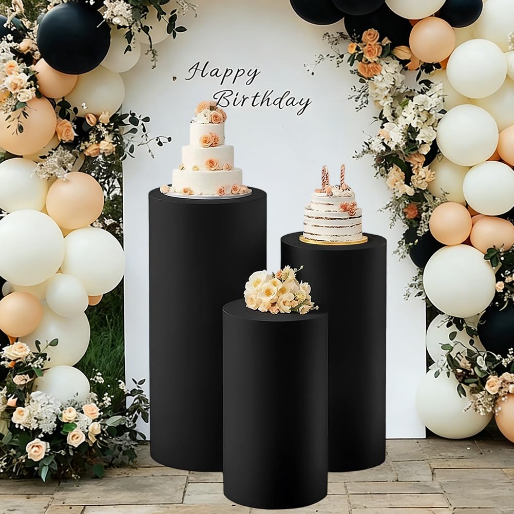 CREATCABIN Set of 3 Cylinder Pedestal Stand Covers Cylinder Display Covers Black Plinth Pedestal Stand Stretchable Elastic Cloth Spandex Display for Birthday Wedding Party Decoration(Without Stands)