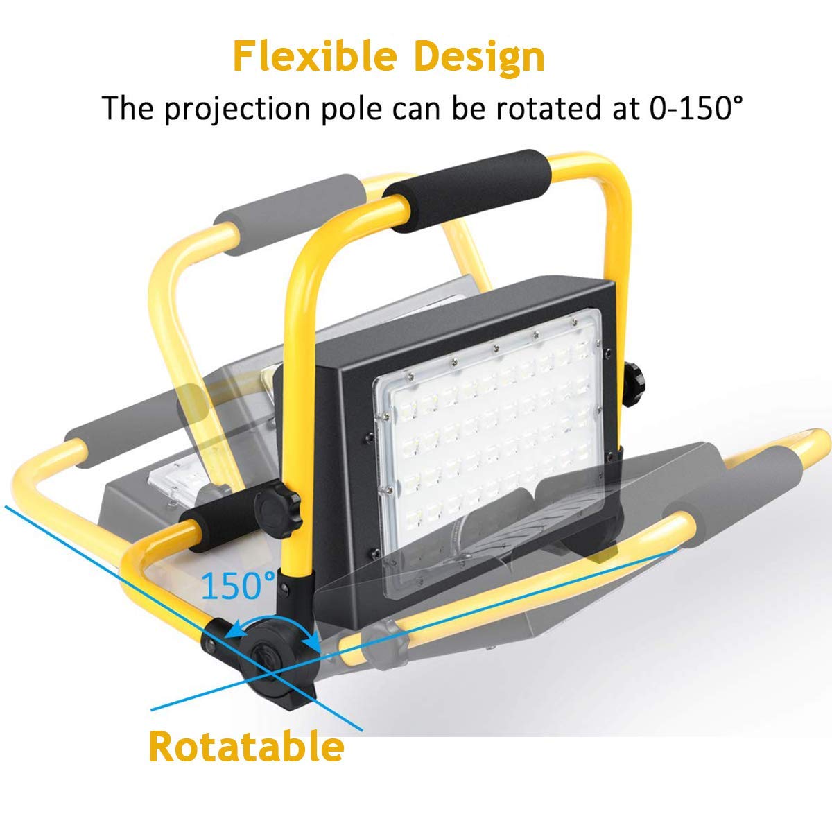 Lampa robocza LED z możliwością ładowania, przenośna lampa przeciwpowodziowa 50 W, wodoodporność IP65, regulowana za pomocą sznurka 4,9 m, zaawansowana soczewka optyczna, idealna do użytku na zewnątrz