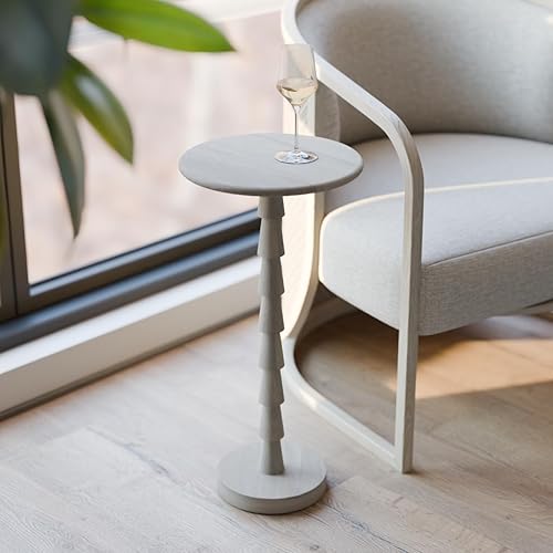 Miniatura 12 de Lyra - Mesa auxiliar redonda de mármol – Estante de madera de acacia maciza, mesa auxiliar de almacenamiento abierta para sala de estar, dormitorio,