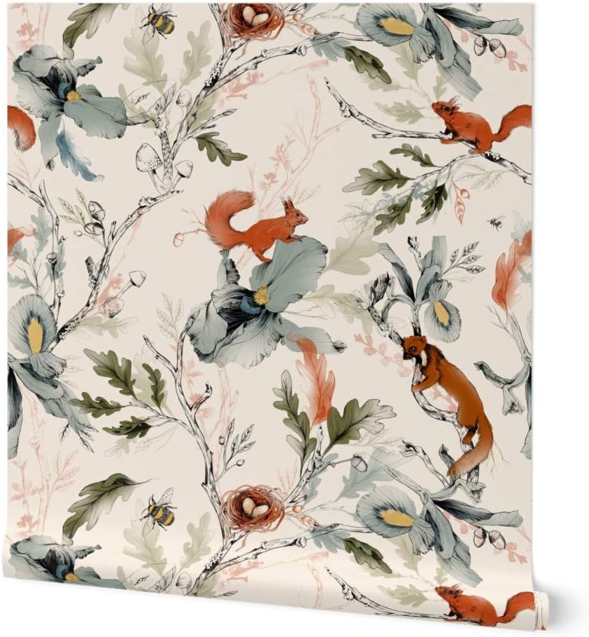 Peel & Stick Wallpaper 3ft x 2ft - Woods Squirrel Branch Mushroom Bee English Garden Forest Rustic Cabin Watercolor Botanical Custom Removable Wallpaper by Spoonflower