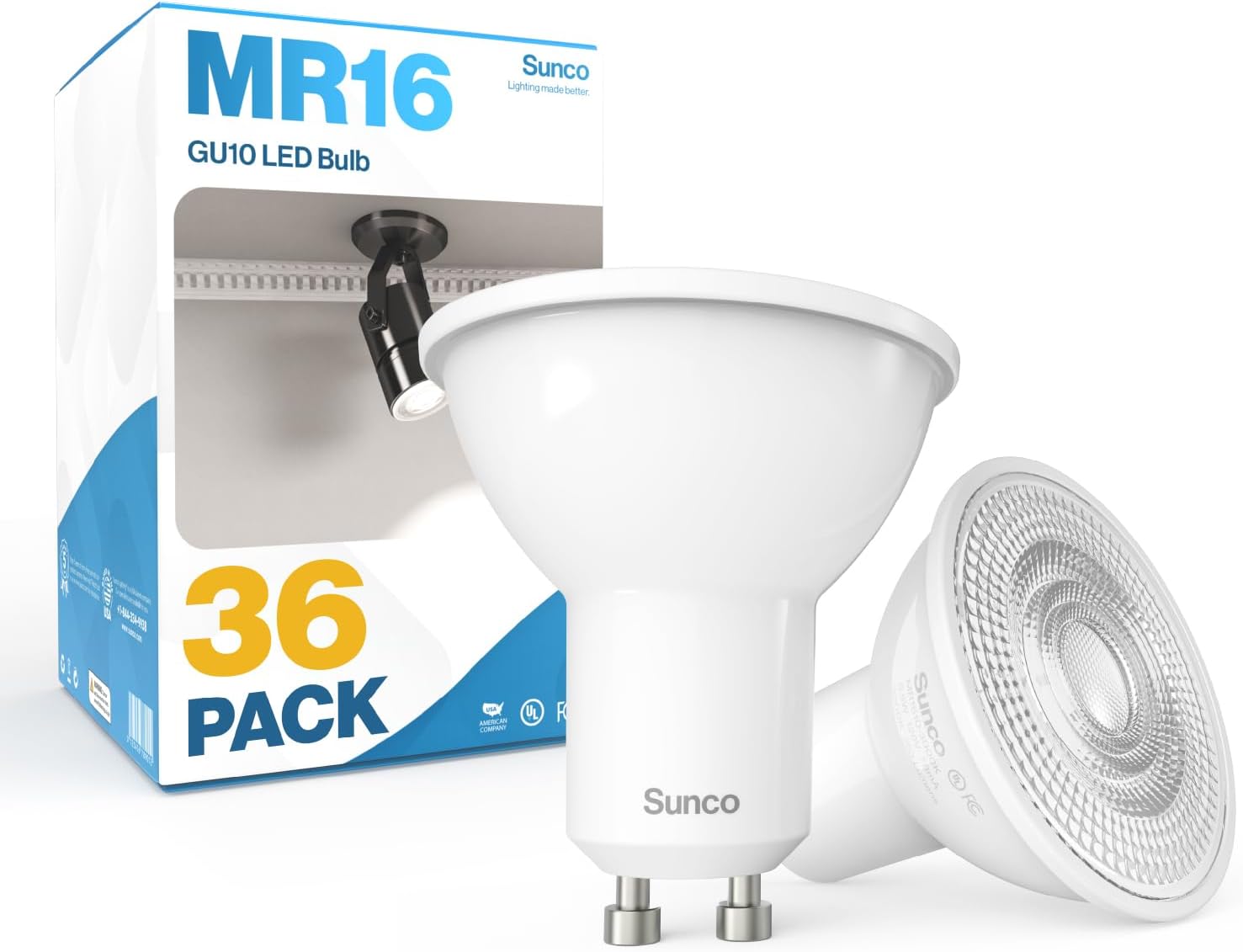 Sunco 36 Pack GU10 LED Bulb, 550LM, 3000K Warm White, 5.5W=50W Equivalent, Dimmable MR16 Bulbs for Recessed, Track Lighting, Spot Lights, Range Hood, 25000 Lifetime Hours, UL
