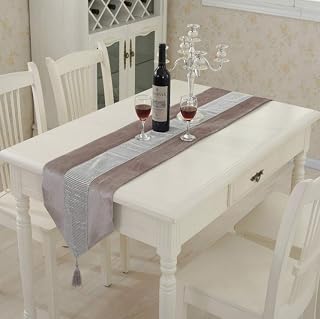 Modern Ornate Beaded Sequined Rhinestone Table Runner with Tassel for Dining Party,13x84 Inches,Champagne