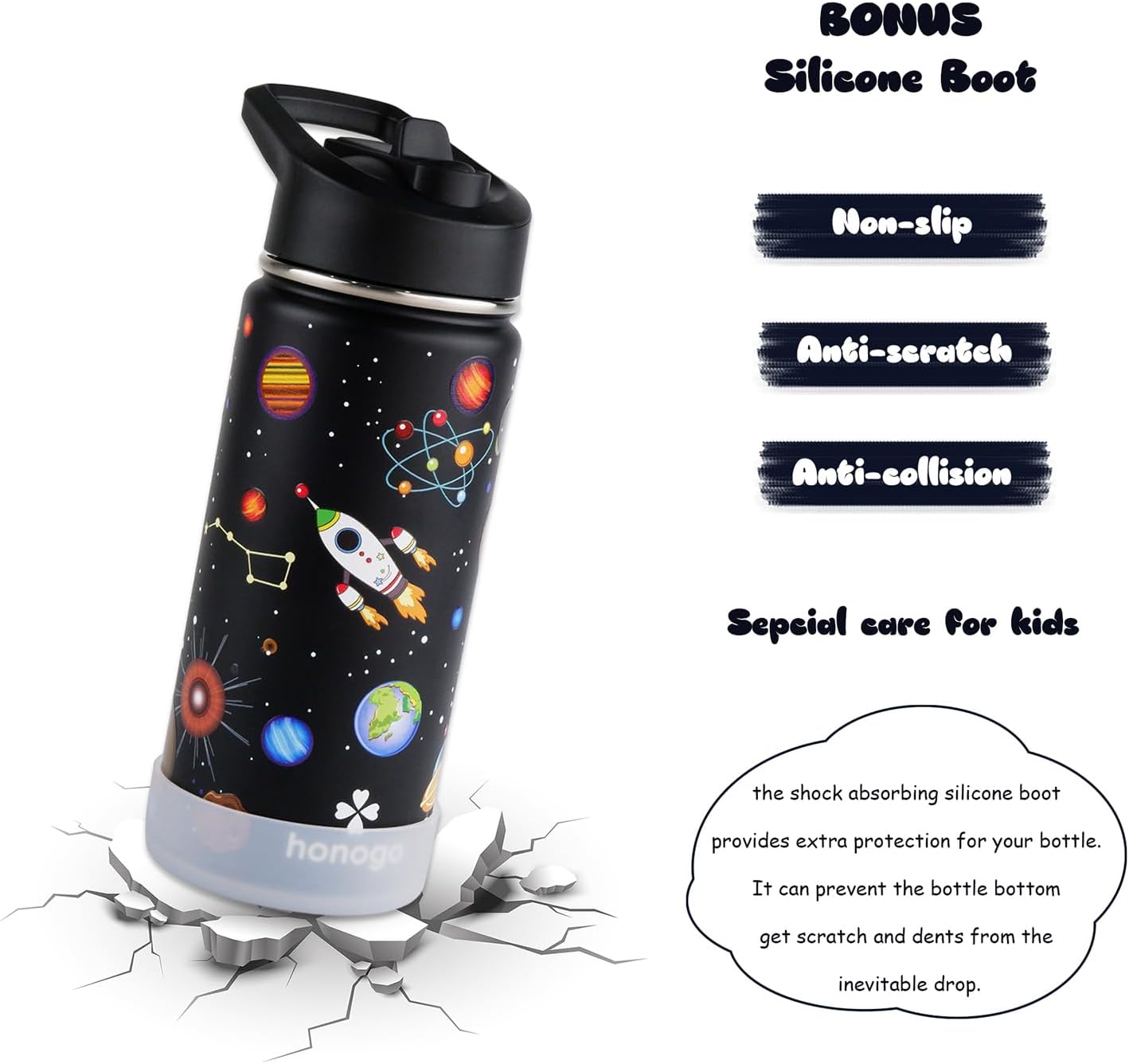 16 oz Stainless Steel Insulated Kids Water Bottle, Leak Proof Metal Thermal Flask with Straw lid, Cute Toddler Tumbler Cup for School Girls & Boys (Black, Space) - Image 5
