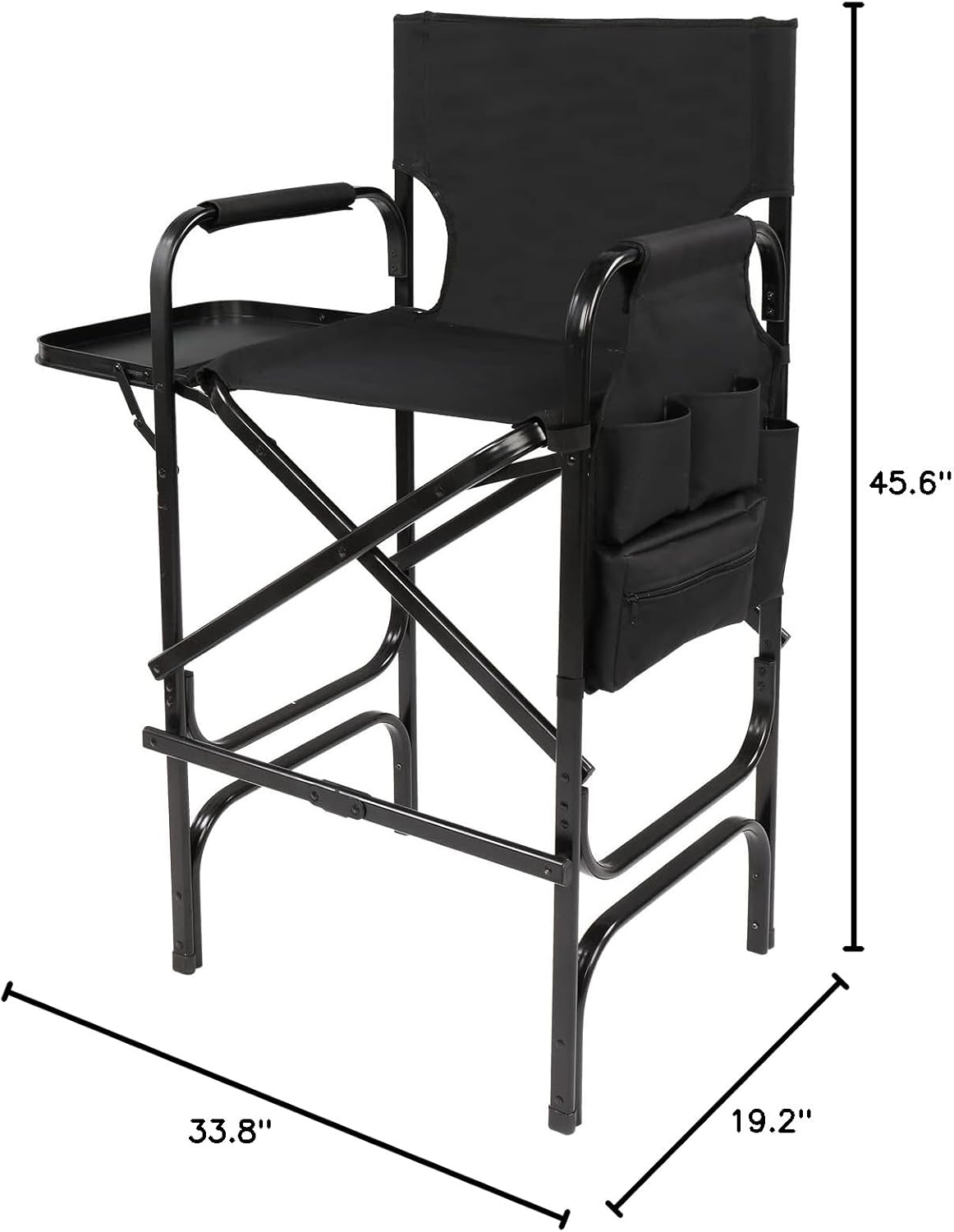 OmySalon 31" Tall Directors Chair Black Folding with Side Table Storage Bag,Aluminum Frame 300 lbs Capacity, 33.8" L x 19.2" W x 45.6" H,Portable Makeup Artist Bar Height