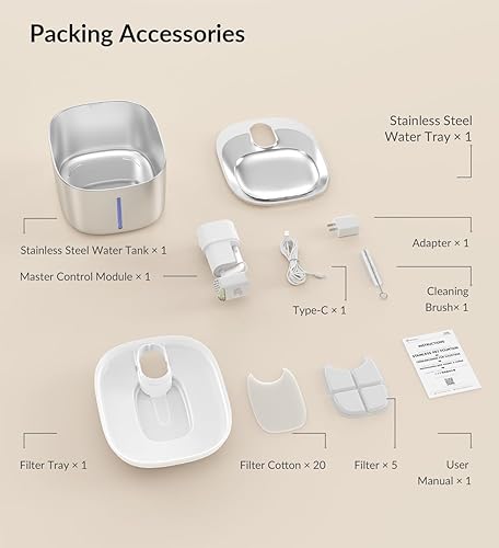 Miniatura 8 de Fuente de agua para gatos de acero inoxidable, fuente inalámbrica para mascotas de 152 oz4 L, funciona con pilas, fuente de agua filtrada silenciosa