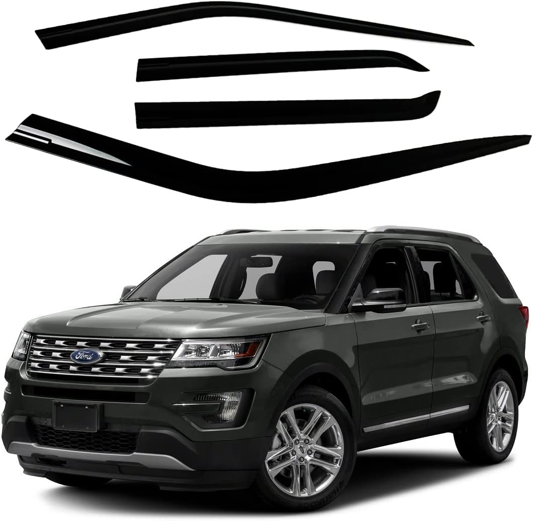 AUTOCLOVER Tape-On Rain Guards Window Visors 4 Pcs Set for Ford Explorer 2011 2012 2013 2014 2015 2016 2017 2108 2019 / Window Deflectors, Out-Channel Vent Shades (Black)
