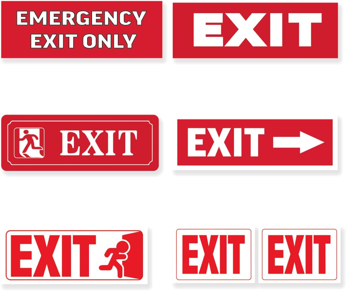 Emergency Exit Sign Sticker Vinyl Safety Decals Indoor Outdoor Use for Home School Warehouse Door Wall Stickers 6Pcs Hat Laptop Hard Bumper Phone Case Car Bedroom Bike
