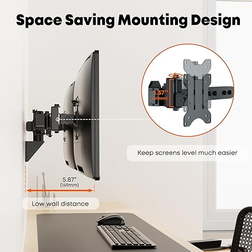 Miniatura 3 de Soporte de pared para monitor doble para 24-38 pulgadas, brazo de monitor de montaje en pared doble ultraancho, configuración de pared empotrada,