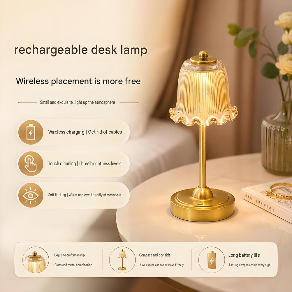 AoLa Retro Tischlampe Kabellos, LED Akku Tischleuchte Dimmbar Touch Control mit USB Aufladbar 5200mAh Batterie Nachttischlampe Ohne Kabel mit Glasschirm Tragbare Nachtlicht für Esstisch,Amber