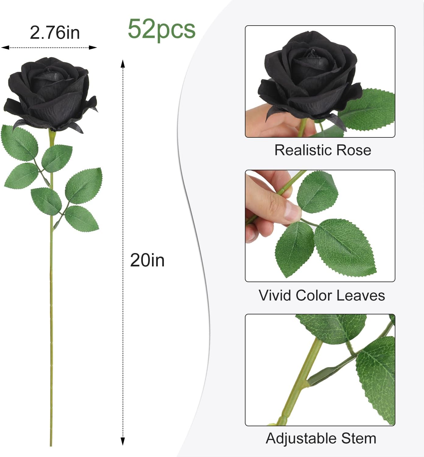 LELEE Artificial Roses Bulk Black Silk Rose with Stem, 52pcs Fake Flowers Decoration for Wedding Table Centerpieces Bridal Bouquet Halloween Home Decor - Image 3