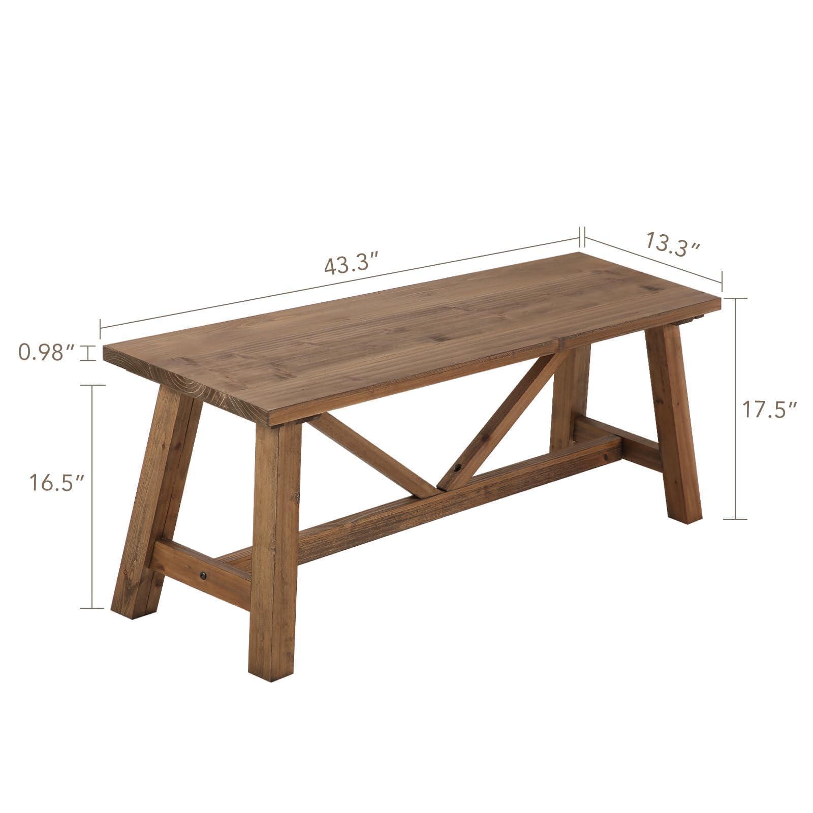 Wnutrees 43" Farmhouse Solid Wood Bench, Narrow Long Seat, Natural | Entryway Seat for End of Bed, Living Room, Dining Area, Hallway