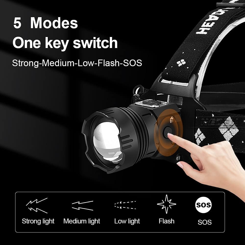 Lampe frontale LED ultra lumineuse rechargeable par USB avec projecteur de recherche étanche XHP99 haute performance, 200 000 lumens, zoom à 3 niveaux et détecteur de mouvement, idéale pour le camping