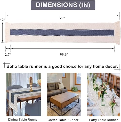 Miniatura 2 de Camino de mesa bohemio de 72 pulgadas de largo, camino de mesa de macramé con borla para comedor, fiesta, vacaciones, decoración de mesa de lino de
