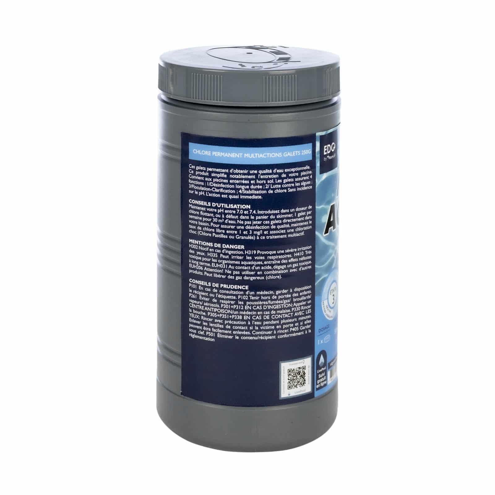 EDG Chlore Multi Actions Piscine - Galets 250g - Pot 1kg - Chlore Multi Fonctions Piscine Longue Durée - EDG by AQUALUX International