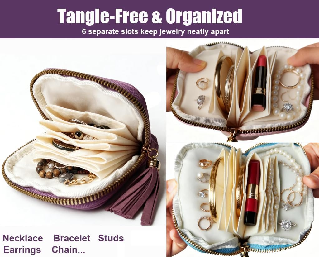 Travel Jewelry Case Soft Velvet Organizer Pouch 6 Layer Zipper Portable Jewelry Bag for Bracelet Rings Earrings Necklace Bangle Tangle-Free Storage Mini Travel Case Women Gifts-Purple