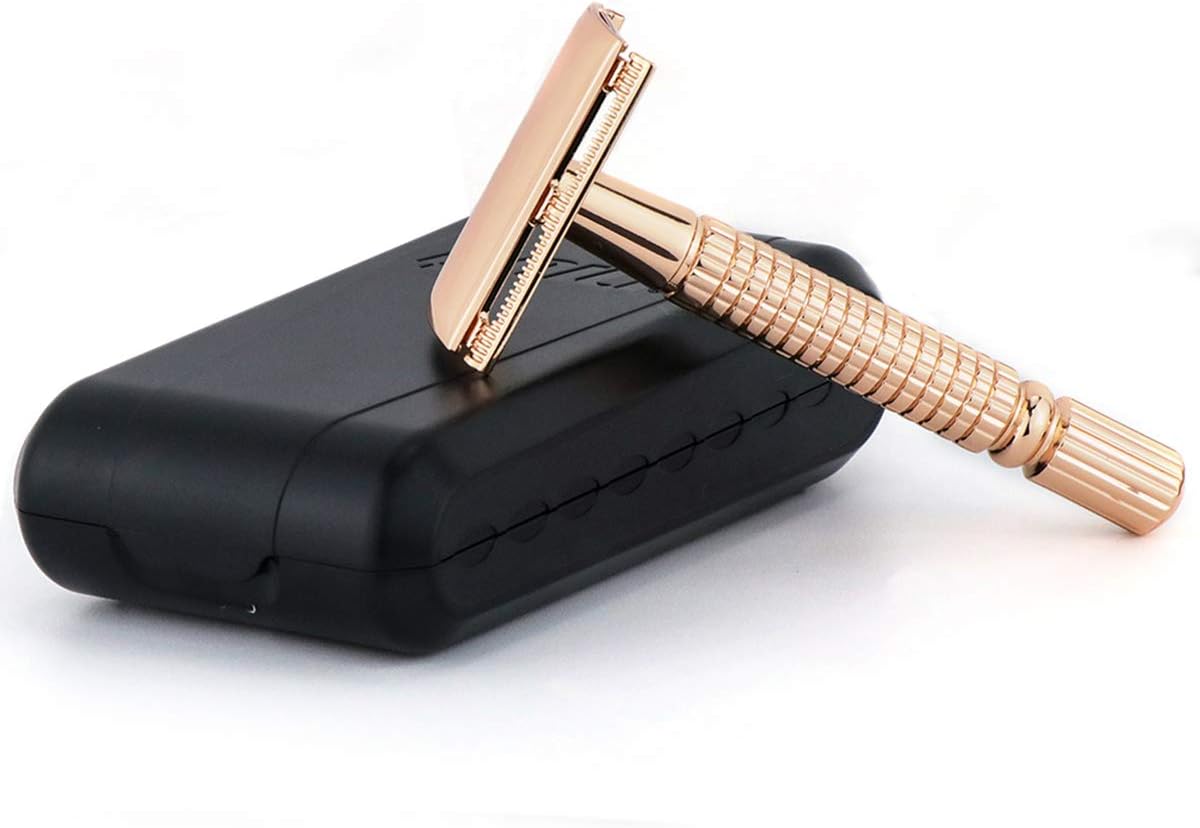 BAILI Classic 3-Piece Double Edge Safety Razor Wet Shaving for Men Women with Platinum Blade and Mirrored Travel Case Rose Gold BD173