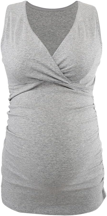 Nursing Maternity Top, Pregnant Breastfeeding Shirt, Women's Cotton V Neck Ruched Waist Double Layered Postpartum Tank