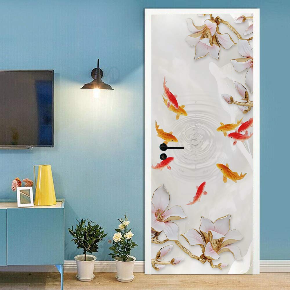 Sticker de porte trompe l'oeil fleurs et poissons déco murale 88x200