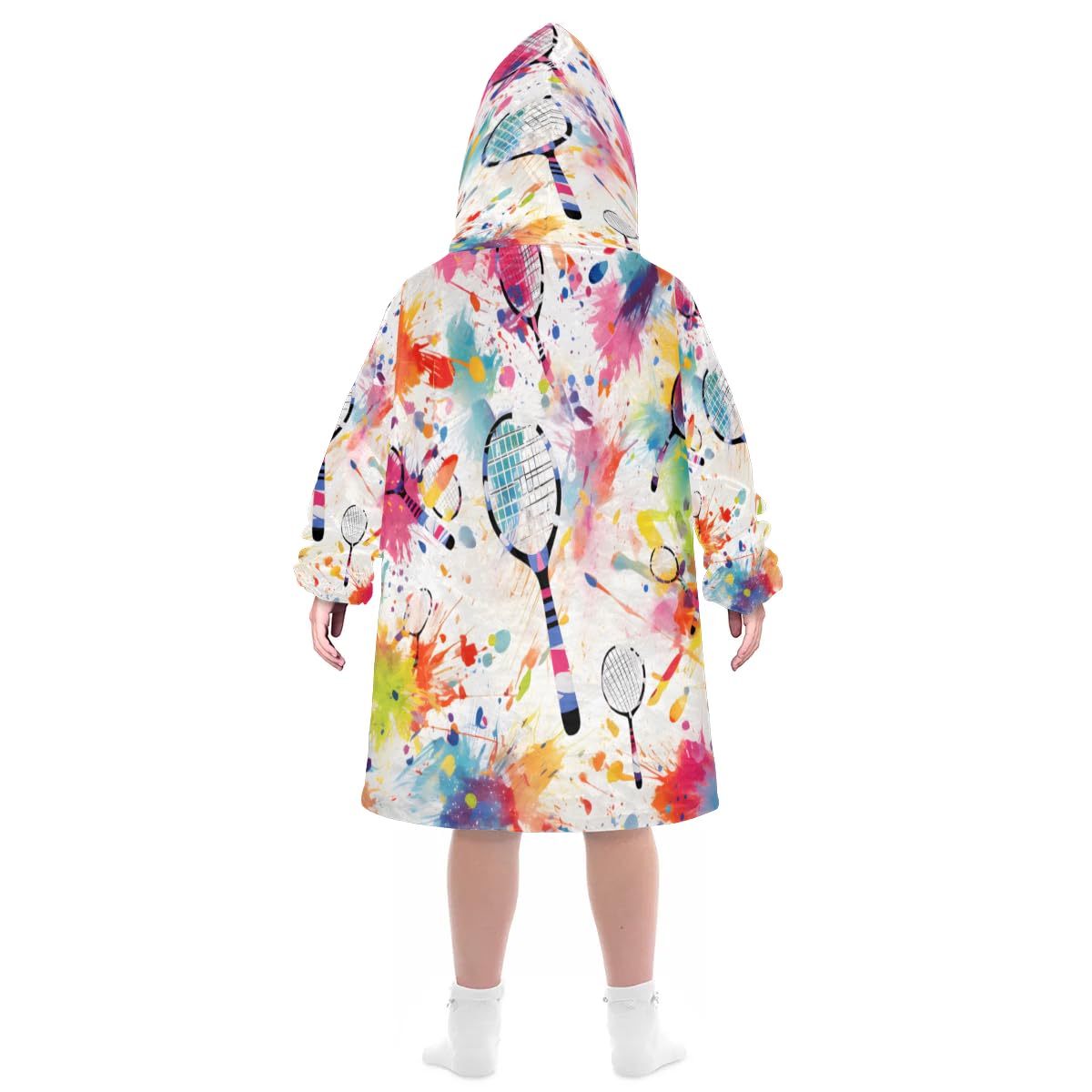 Kids Blanket Hoodie Watercolor Tennis Racket Wearable Blanket Hoodie Oversized Hooded Blanket, Sweatshirt Blanket with Pockets Soft Warm Kids Hooded Blanket for Girls, Boys