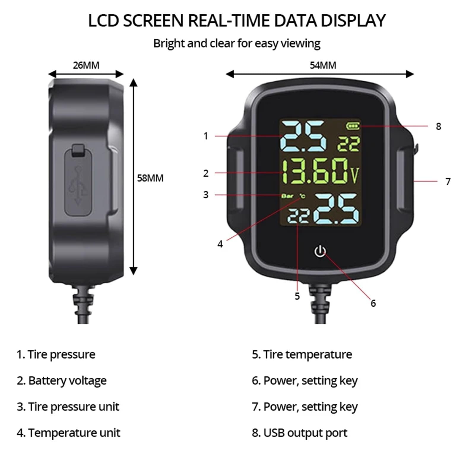 Sistema di Allarme for la Temperatura dei Pneumatici TPMS for Moto con Ricarica USB e Uscita Rapida monitoraggio dell'Allarme for for(K05-External)