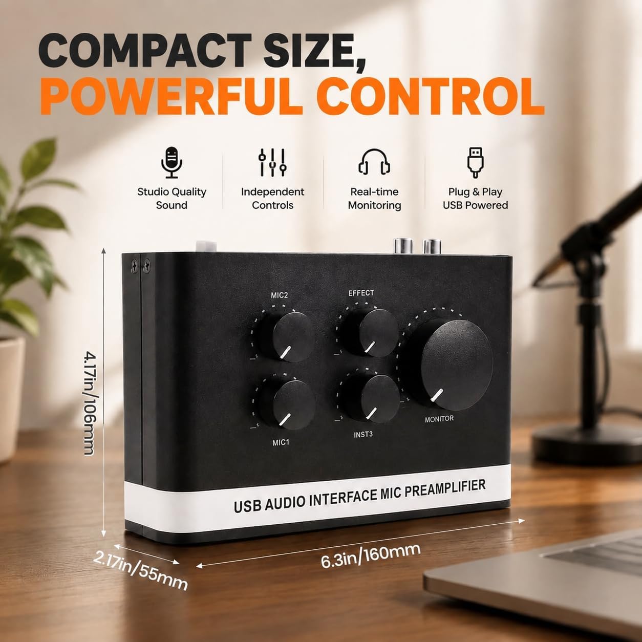 USB Audio Interface with 48V Phantom Power, XLR/TRS Inputs, USB C Recording Interface with Direct Monitor & Echo Control, 48kHz Audio Interface for PC Mac iOS, Guitar, Mic, Podcast