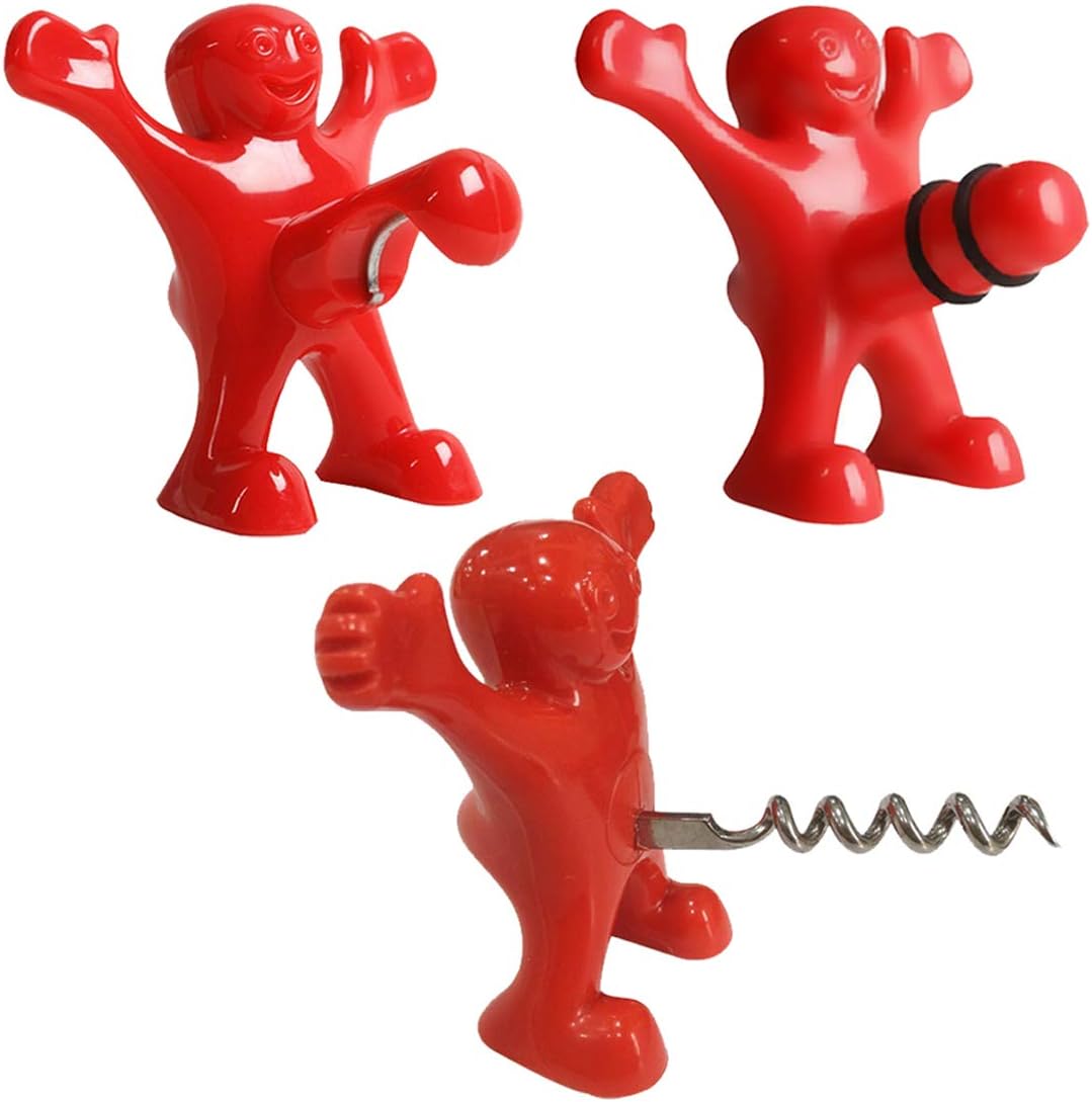 Happy Man Funny Set of Bottle Opener, Bottle Stopper, and Corkscrew By Hilarious Home (Red)