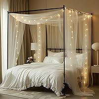 MVOVM White Tulle Bed Canopy with Star Lights 30x228in - Fits King Queen Full Twin Beds, Sheer Boho Curtains for Girls Bedroom Decor