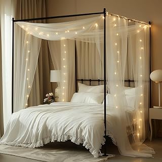 MVOVM White Tulle Bed Canopy with Star Lights 30x228in - Fits King Queen Full Twin Beds, Sheer Boho Curtains for Girls Bedroom Decor