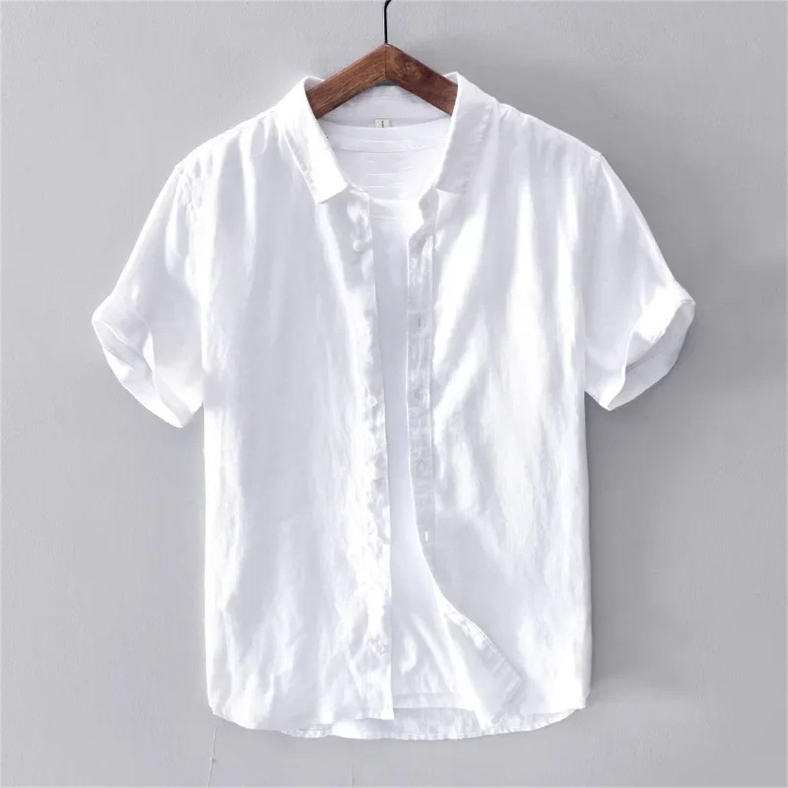 Camicie a maniche corte in lino di cotone per gli uomini casual moda gialla girare giù collare top
