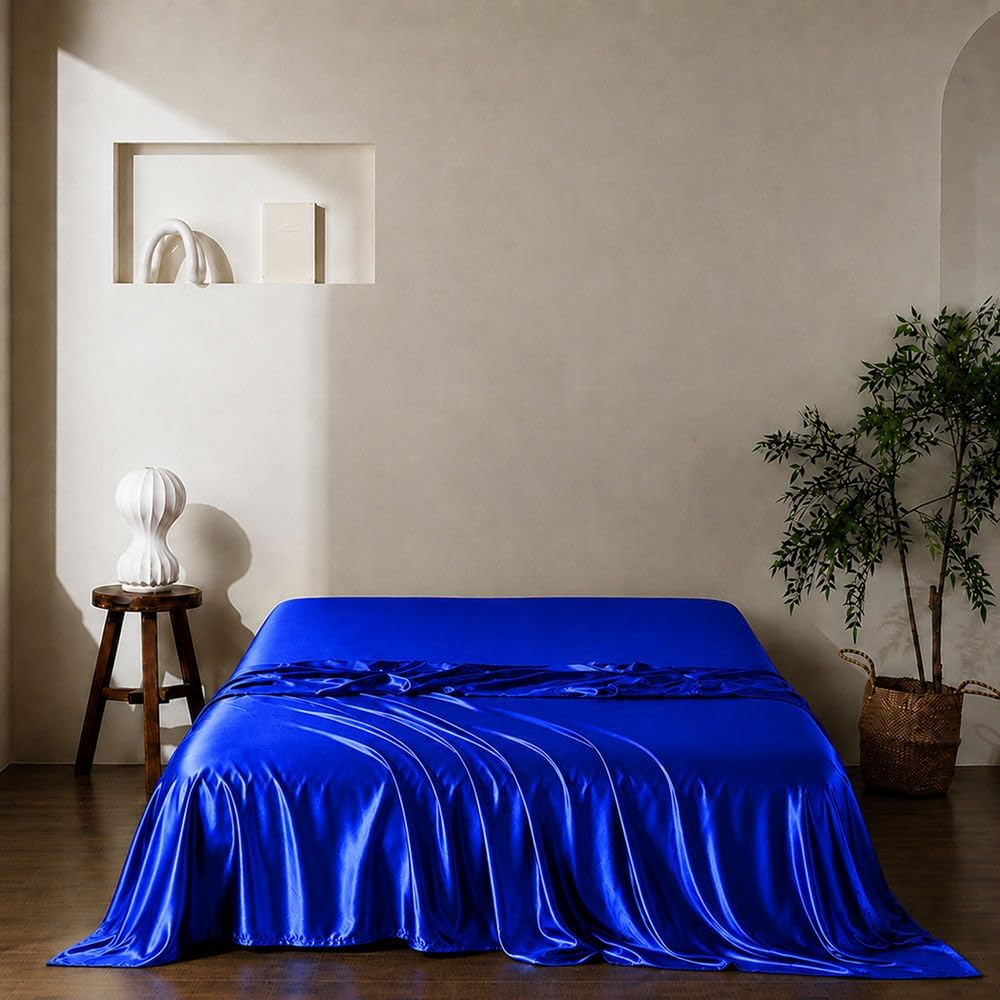 Satin Silk Flat Sheet Only, Soft Bed Sheet, California King, Royal Blue image 2